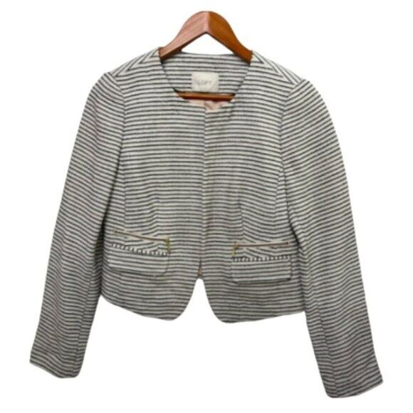 Womens Black & Light Cream Tweed Striped Crop Boxy Fit Blazer Suit Jacket Size 8 - Picture 2 of 15